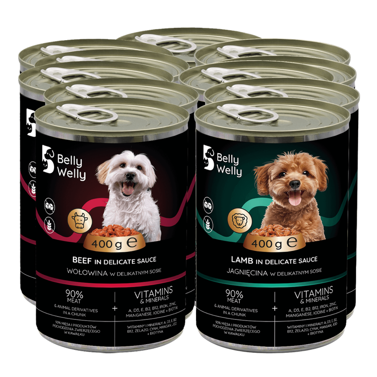 Belly welly, mokra karma mix dla psa, jagnięcina i wołowina, 400g, 12 szt.