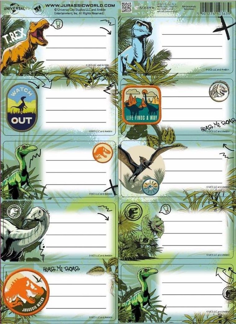 Beniamin, Jurassic World, naklejki na zeszyty