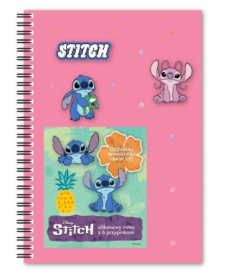 Beniamin, Lilo i Stitch, notes na spirali z przypinkami, A5, 80 kartek, kratka, różowy, 1 szt.