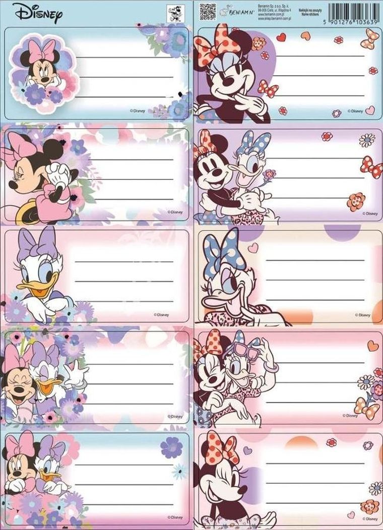 Beniamin, Myszka Minnie, naklejki na zeszyty