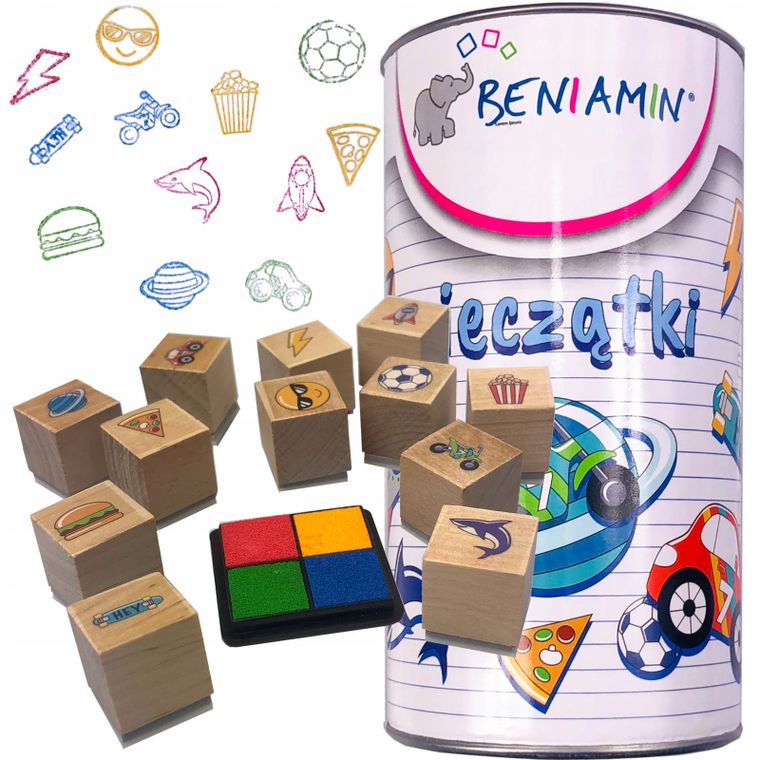 Beniamin, pieczątki drewniane w tubie, 12 elementów
