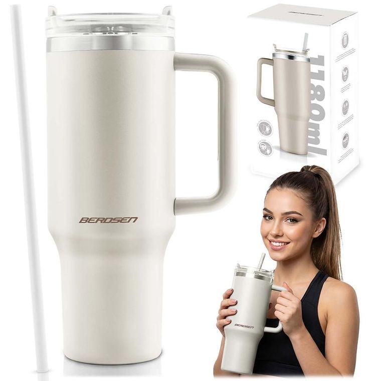 Berdsen, termos próżniowy, kubek ze słomką, kremowy, 1180 ml