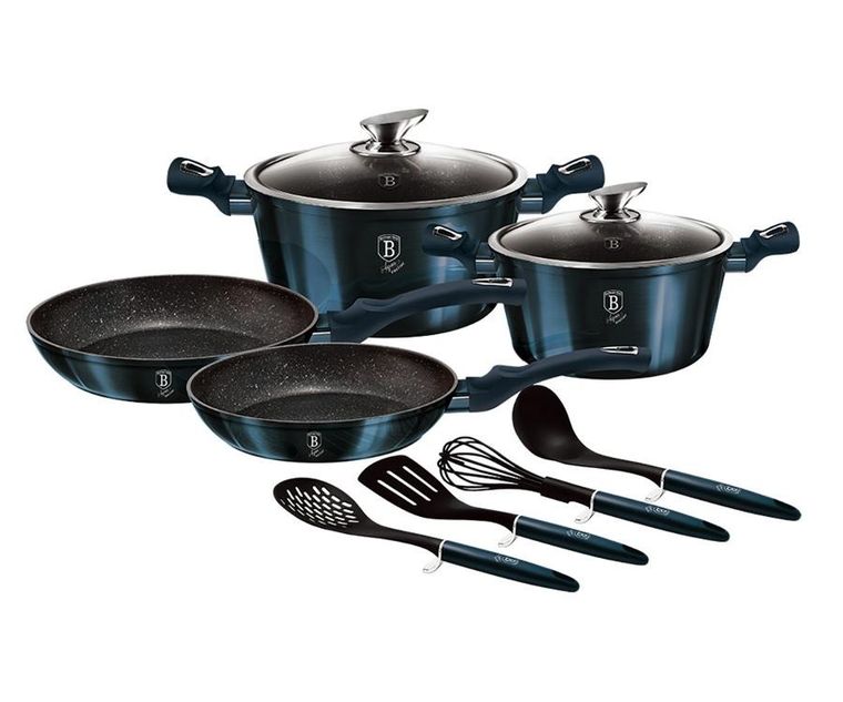 Berlinger Haus, Aquamarine, zestaw: garnki granitowe z pokrywą + patelnie + akcesoria, 10 elementów