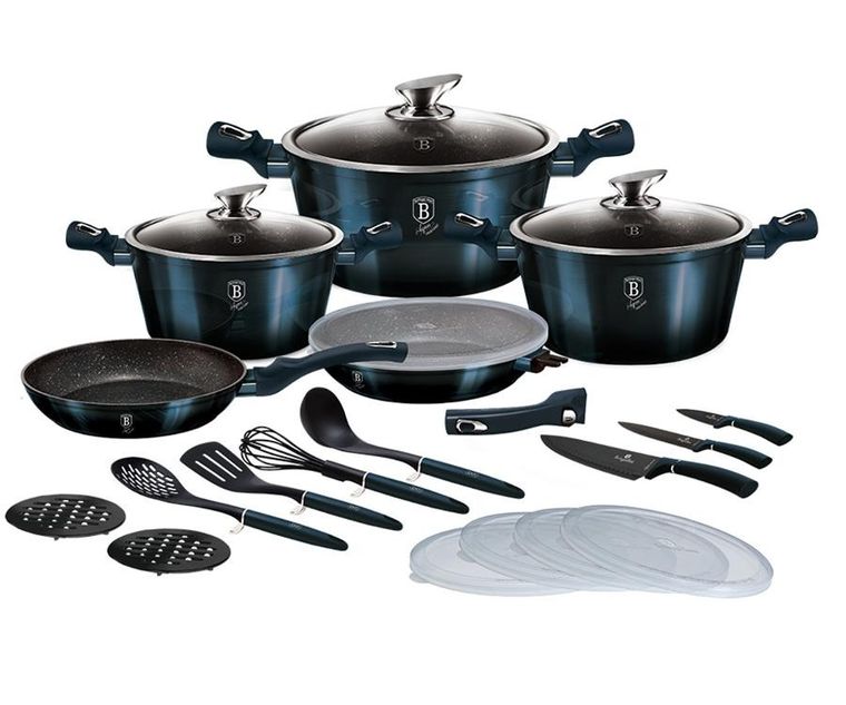 Berlinger Haus, Aquamarine, zestaw: garnki z pokrywą + patelnie + akcesoria, 22 elementy