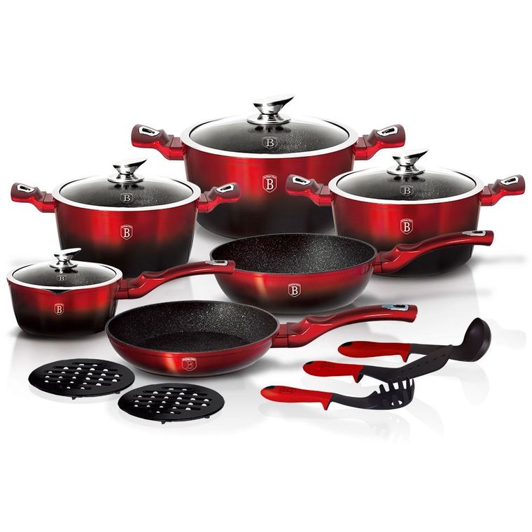 Berlinger Haus, Black-Burgundy, zestaw: garnki z pokrywą + patelnie + akcesoria, 15 elementów
