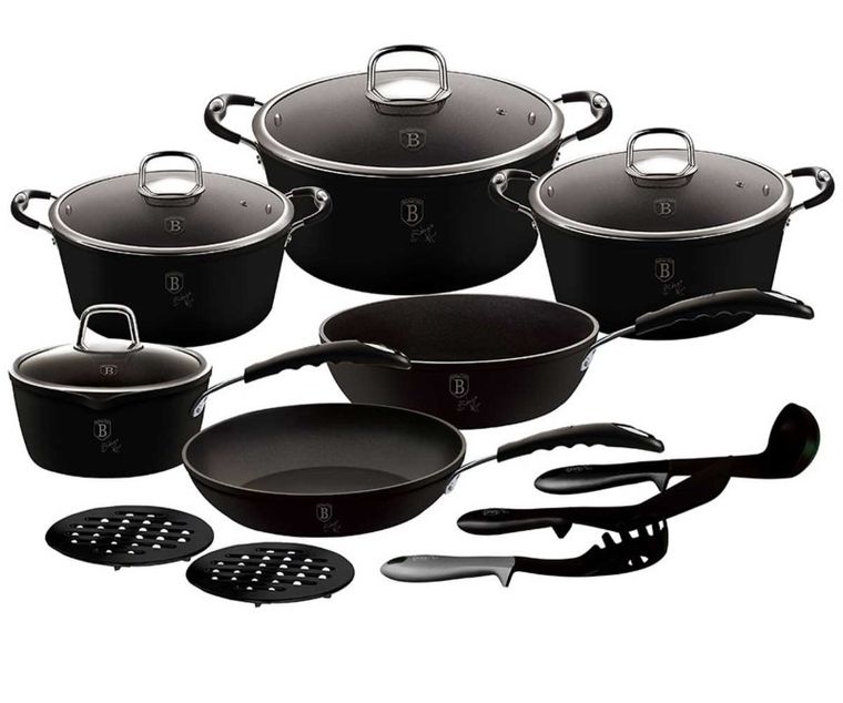 Berlinger Haus, Black Professional Line, zestaw: garnki granitowe z pokrywą + patelnie + akcesoria, 15 elementów