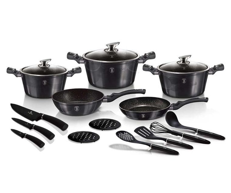 Berlinger Haus, Carbon Pro, zestaw: garnki z pokrywą + patelnie + akcesoria, 10 elementów