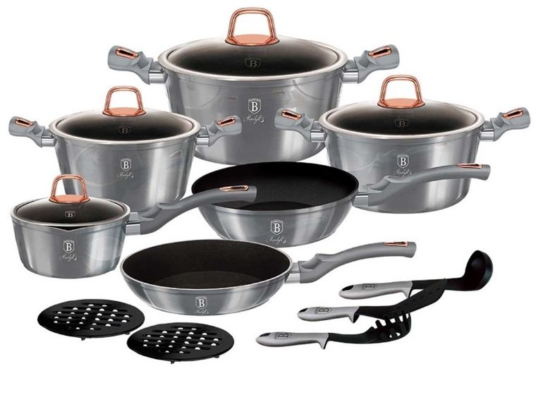 Berlinger Haus, Moonlight, zestaw: garnki granitowe z pokrywą + patelnie + akcesoria, 15 elementów