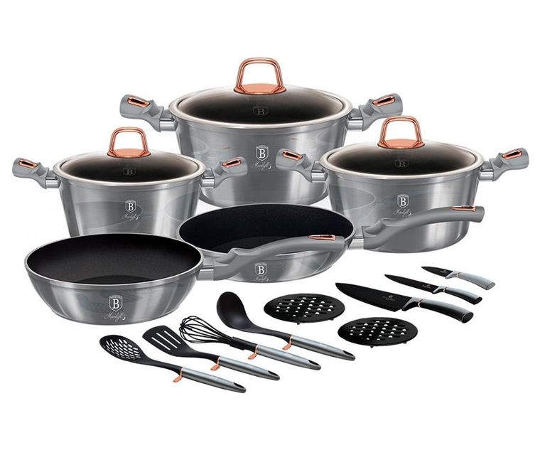 Berlinger Haus, Moonlight, zestaw: garnki granitowe z pokrywą + patelnie + akcesoria, 17 elementów