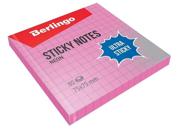Berlingo, karteczki samoprzylepne, różowe, kratka, 75-75 mm, 80 kartek