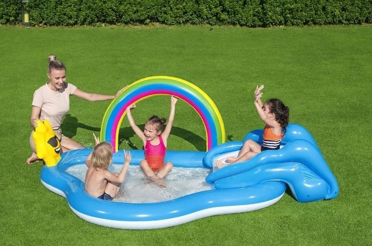 Bestway, basen dmuchany ze zjeżdzalnią, wodny plac zabaw, tęcza, 257-145-91 cm