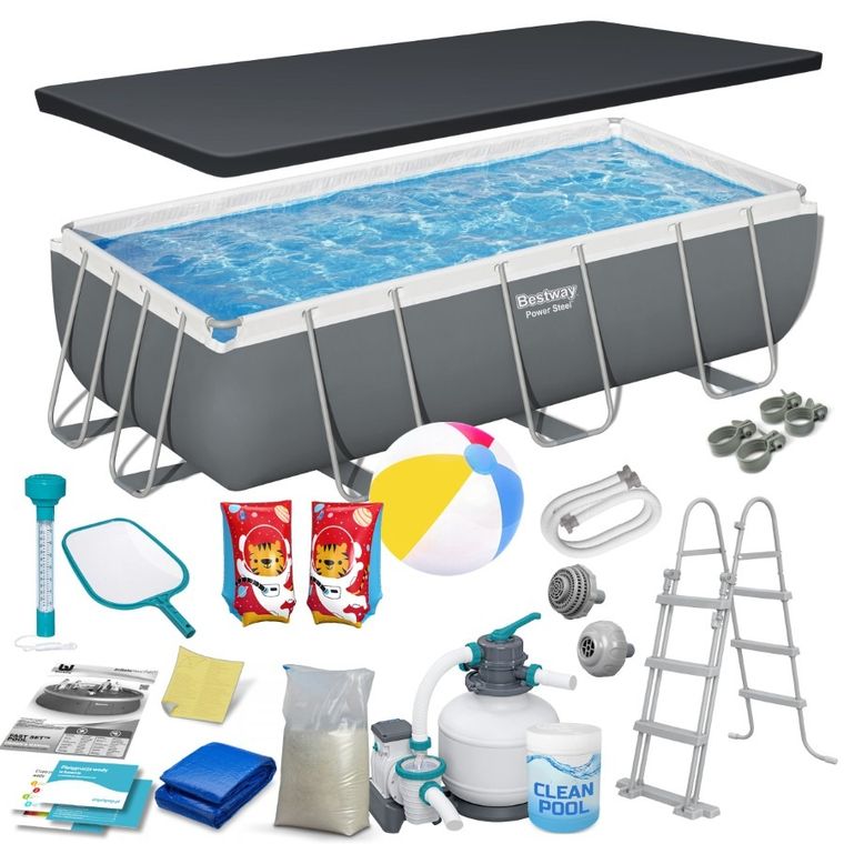 Bestway, basen stelażowy z pompą filtrującą i akcesoriami, prostokątny, 404-201-100 cm, zestaw 18w1