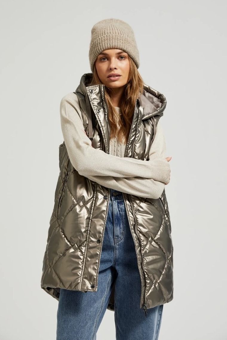 Bezrękawnik damski z kapturem, beżowy, Moodo