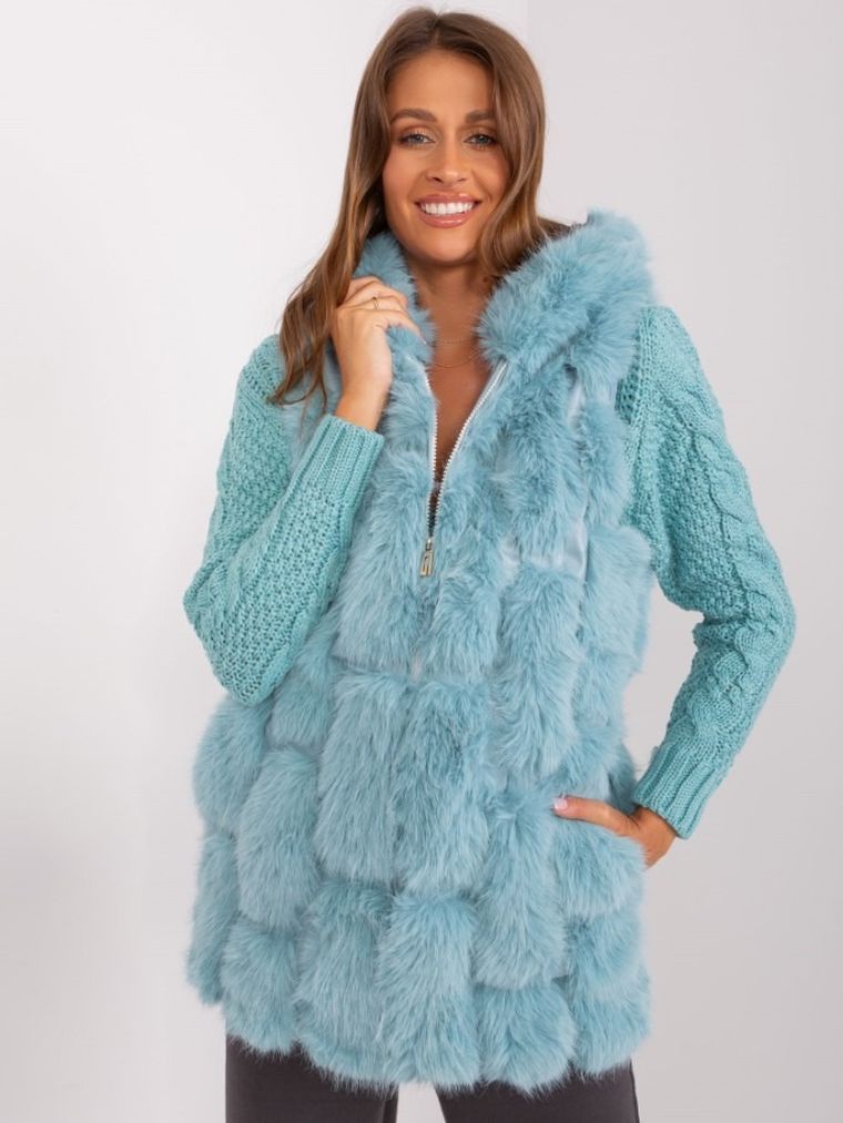 Bezrękawnik damski z kapturem, miętowy, Italy Moda