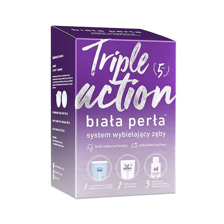 Biała Perła, Triple Action, zestaw do wybielania zębów w domu, wybielająca pasta do zębów, 30 ml + wybielający żel, 50 ml + płyn do płukania, 100 ml + nakładki do formowania, x3