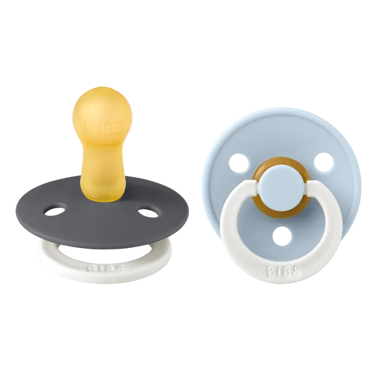 Bibs, Colour, smoczek uspokajający, kauczuk Hevea, Iron Glow&Baby Blue Glow, rozmiar 2, 2 szt.