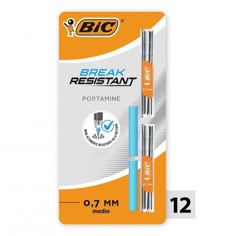 Bic, Break Resistant, wkłady do ołówka z gumką, 0,7 mm, 14 szt.