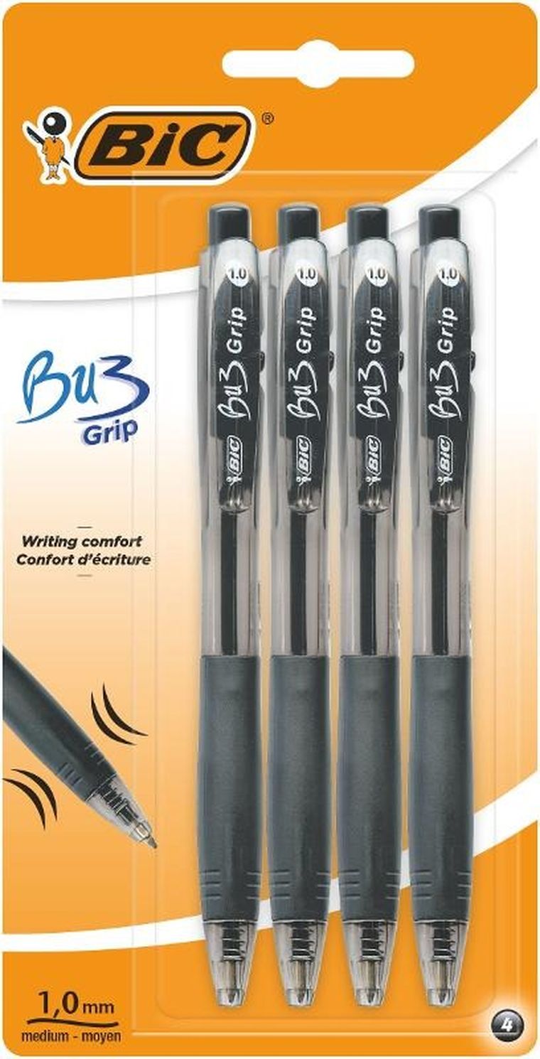 Bic, Bu3 Grip, długopis, czarny, 4 szt.