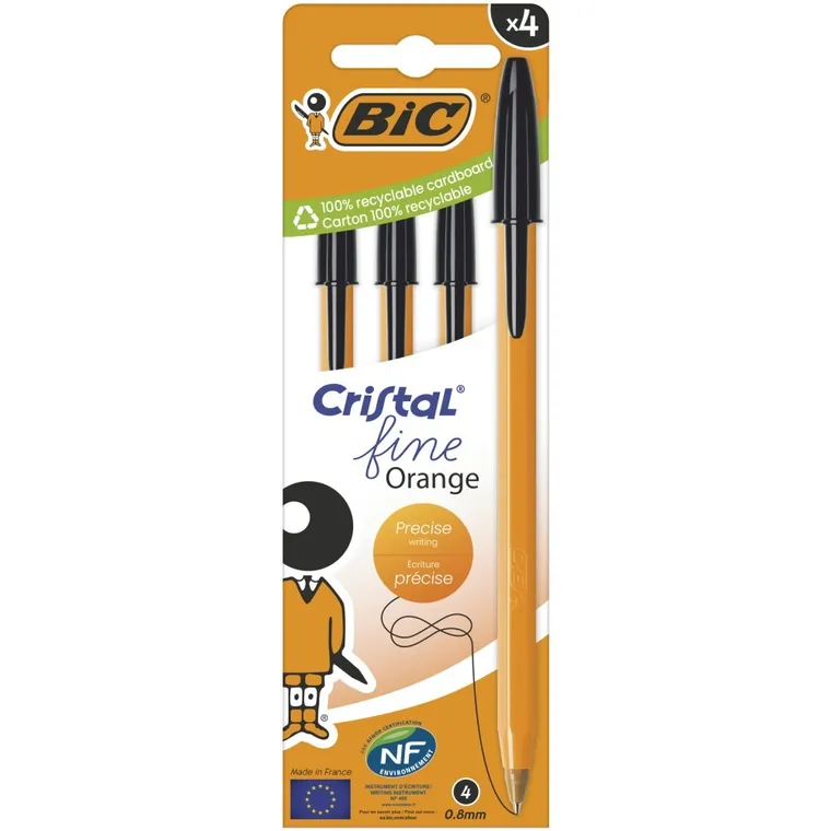 Bic, Cristal Fine Orange, długopis, czarny, 0.8 mm, 4 szt.
