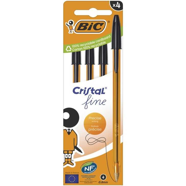 Bic, Cristal, Original Fine, długopis, czarny, 4 szt.