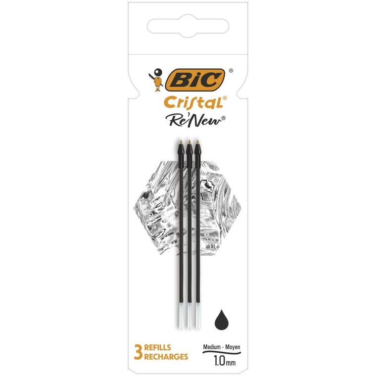 Bic, Cristal Re'new Metal, wkład do długopisu, czarny, 3 szt.