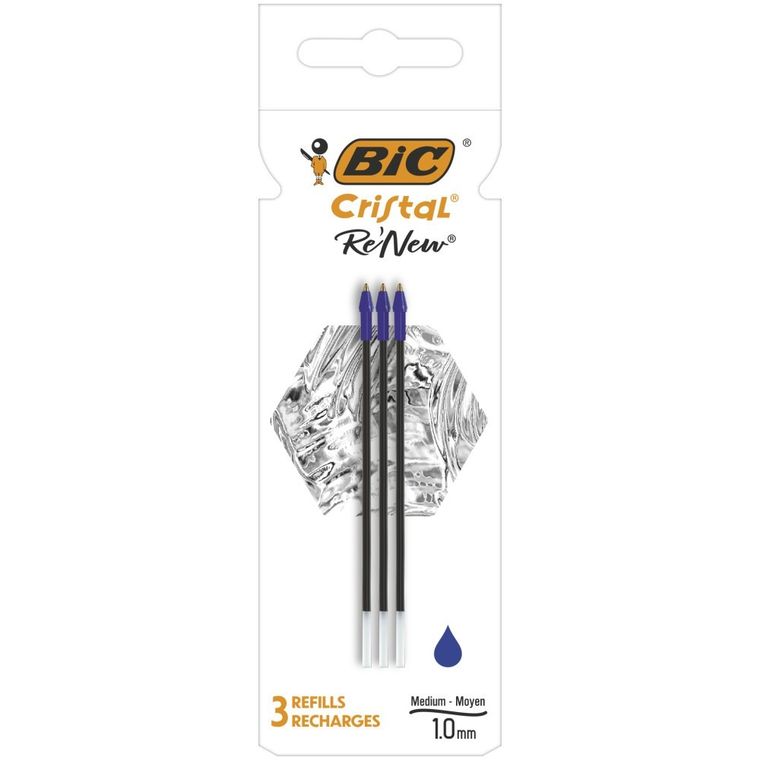 Bic, Cristal Re'new Metal, wkład, niebieski, 3 szt.