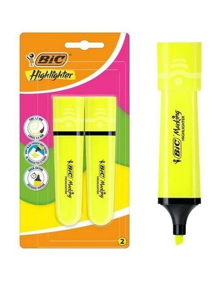 Bic, Flat, zakreślacz, żółty neon, 2 szt.
