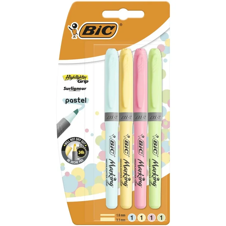 Bic, Highlighter Grip Pastel, zakreślacz, 4 szt.