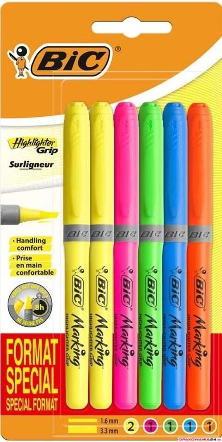 Bic, Highlighter Grip Special Format, zakreślacz, 6 kolorów