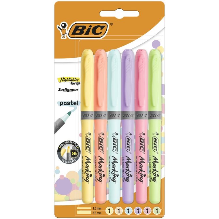 Bic, Highlighter Grip, zakreślacze, Pastel, 6 kolorów