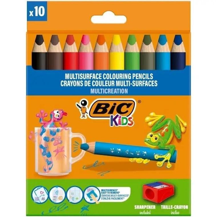 Bic, Kids, Multisurface, kredki ołówkowe do różnych powierzchni, 10 kolorów + temperówka