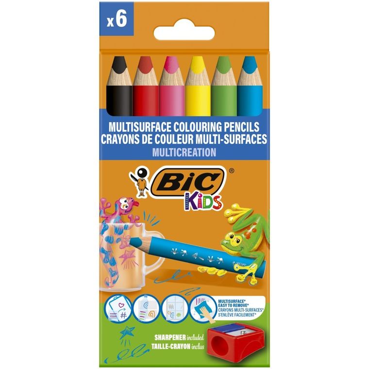 Bic, Kids, Multisurface, kredki ołówkowe do różnych powierzchni, 6 kolorów + temperówka