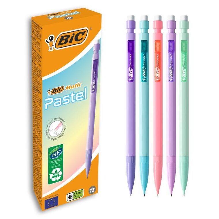 Bic, Matic Pastel, ołówek automatyczny z gumką, HB, 0,7 mm, 12 szt.