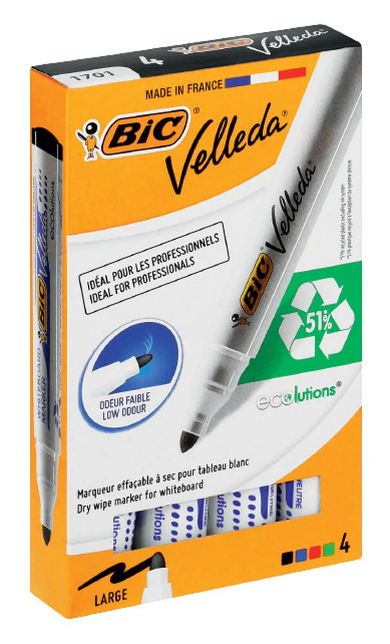 Bic, Velleda Ecolutions, marker suchościeralny, okrągła końcówka, 4 szt.