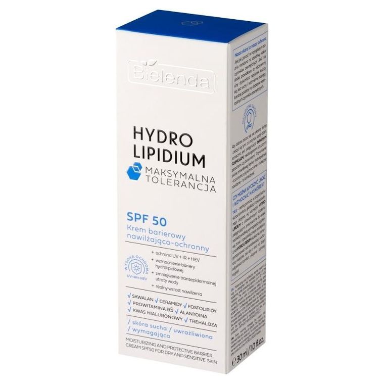 Bielenda, Hydro Lipidum, krem barierowy nawilżająco ochronny SPF50, skóra sucha, uwrażliwiona, 30 ml
