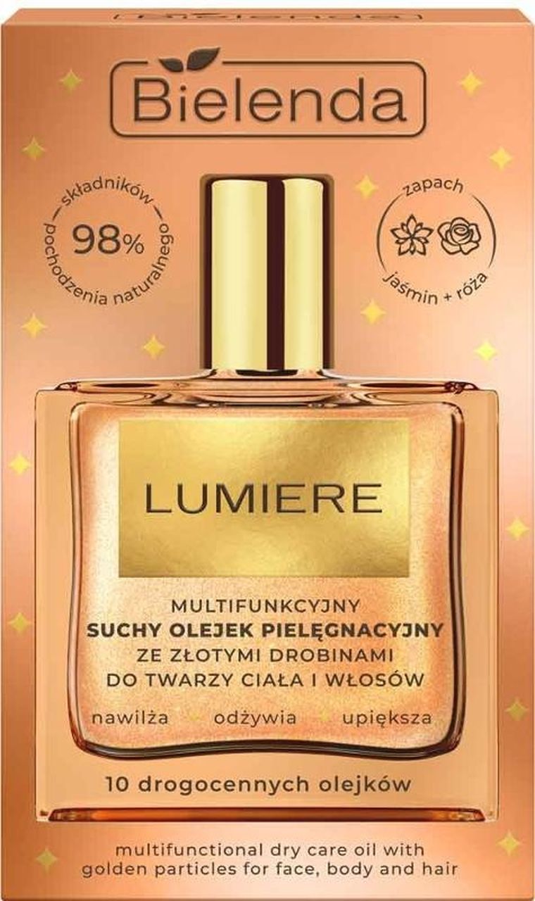 Bielenda, Lumiere, multifunkcyjny suchy olejek pielęgnacyjny ze złotymi drobinami do twarzy, ciała i włosów, 50 ml