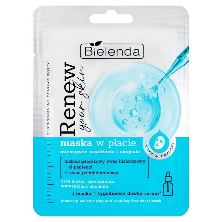 Bielenda, Renew Your Skin, maska w płacie, intensywne nawilżenie i ukojenie, 17g