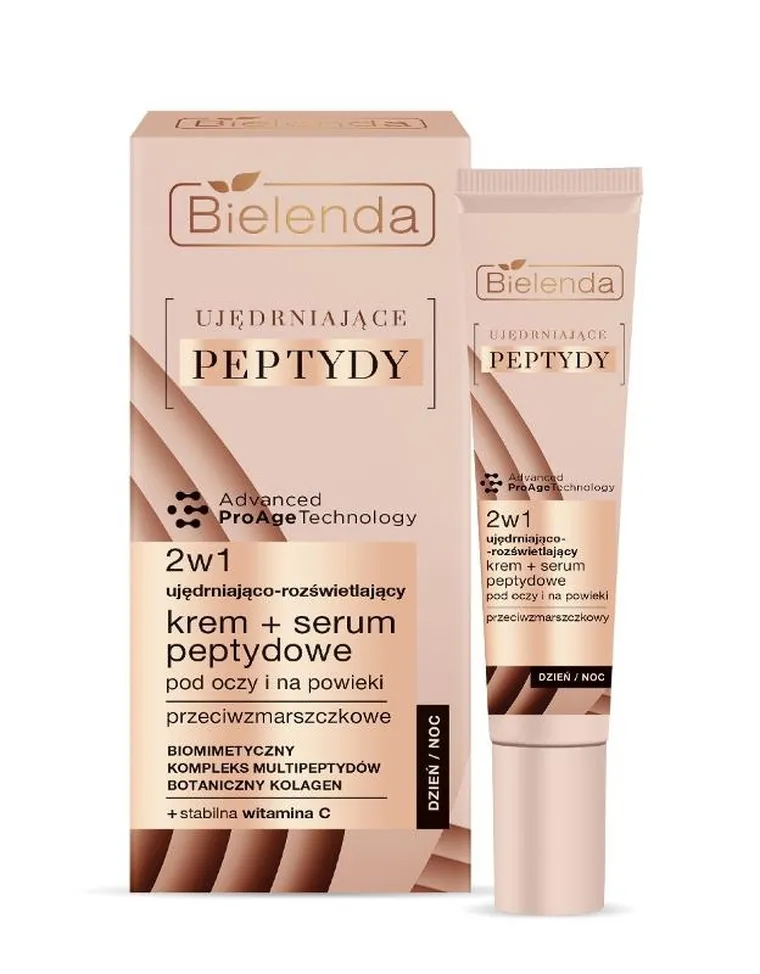 Bielenda, ujędrniające peptydy, ujędniająco-rozświetlający krem-serum peptydowe 2w1 pod oczy i na powieki, 15 ml