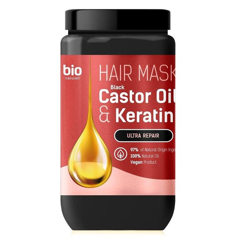 Bio Naturell, maska do włosów z czarnym olejem rycynowym i keratyną, 946 ml