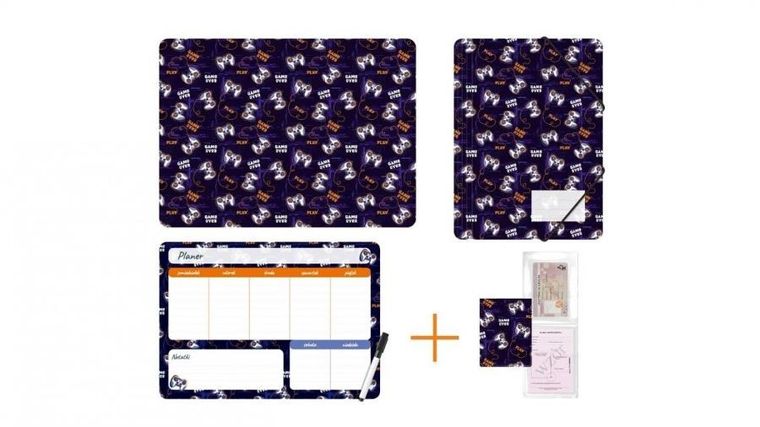 Biurfol, zestaw szkolny: podkładka, teczka, planer, okładka na dokumenty, gamepad