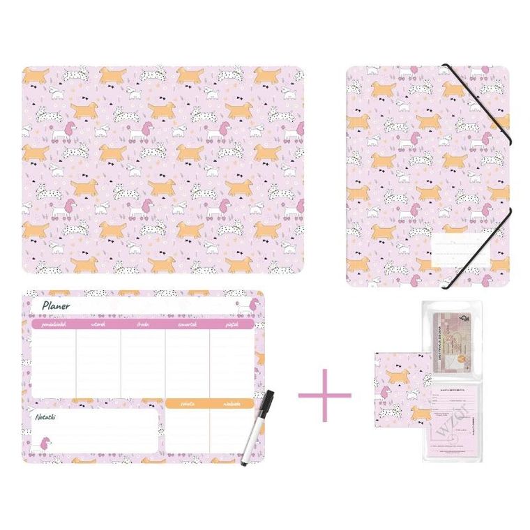 Biurfol, zestaw szkolny: podkładka, teczka, planer, okładka na dokumenty, puppies