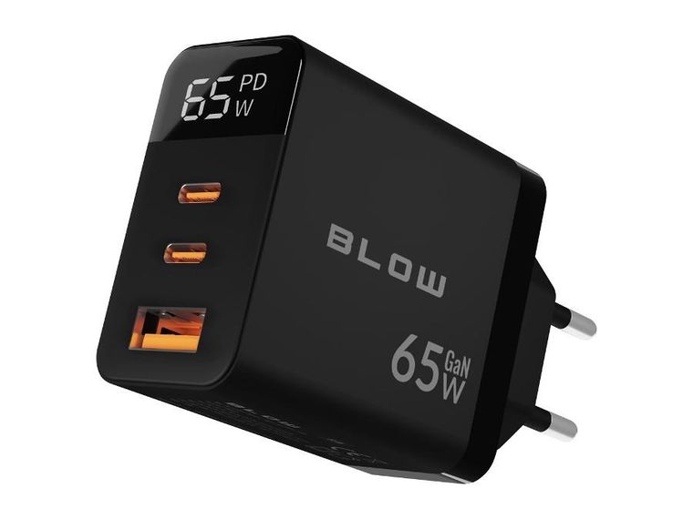 Blow, ładowarka sieciowa LCD, USB + USB-CX2, PD, 65W, GAN, watomierz, czarna