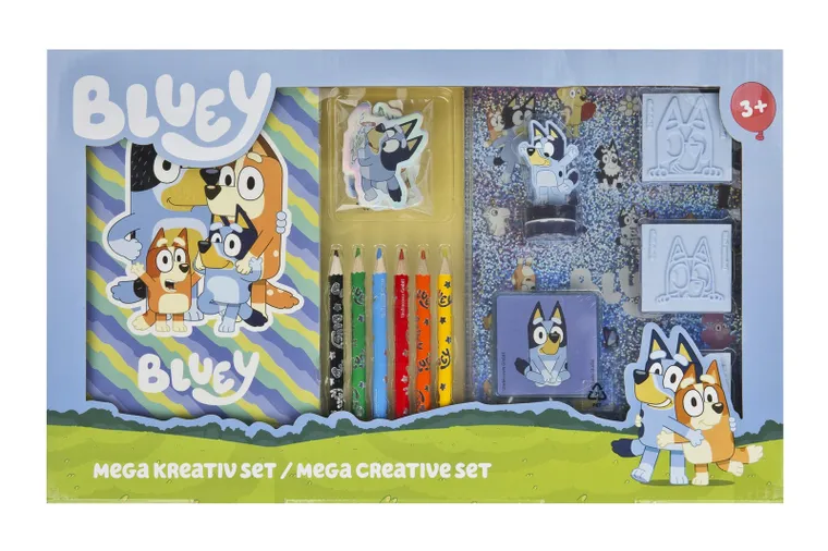 Bluey, mega zestaw kreatywny, notanik, kredki, naklejki i stemple