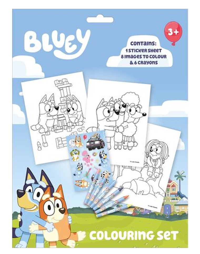 Bluey. Zestaw kreatywny, kolorowanka, kredki
