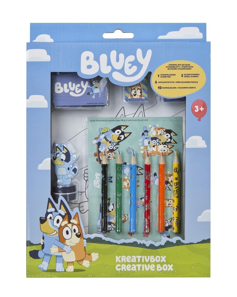 Bluey, zestaw kreatywny, kolorowanki, naklejki i stempelki