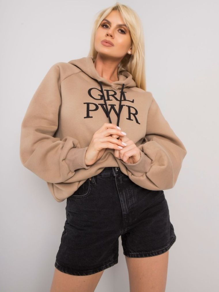 Bluza damska z kapturem, beżowa, Ex Moda