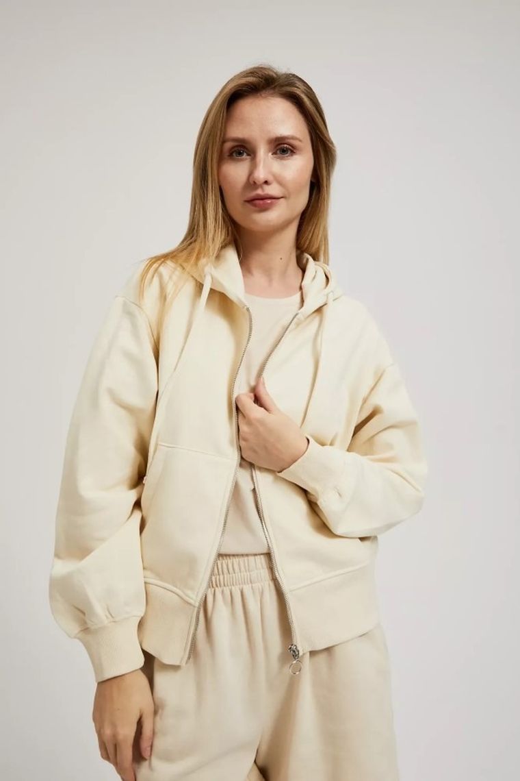 Bluza damska z kapturem, rozpinana, beżowa, Moodo