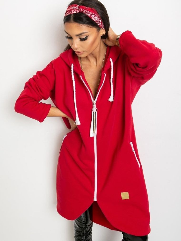Bluza damska z kapturem, rozpinana, czerwona, Relevance