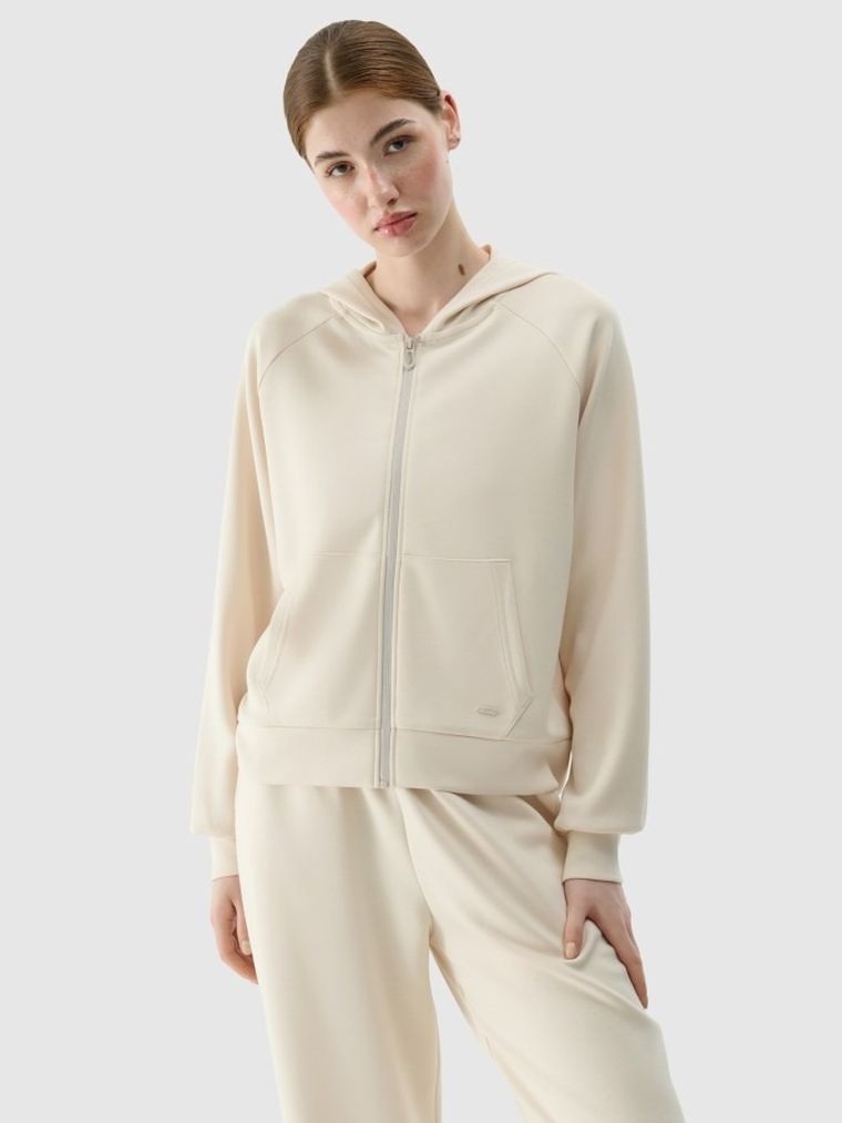 Bluza damska z kapturem, rozpinana, ecru, 4F