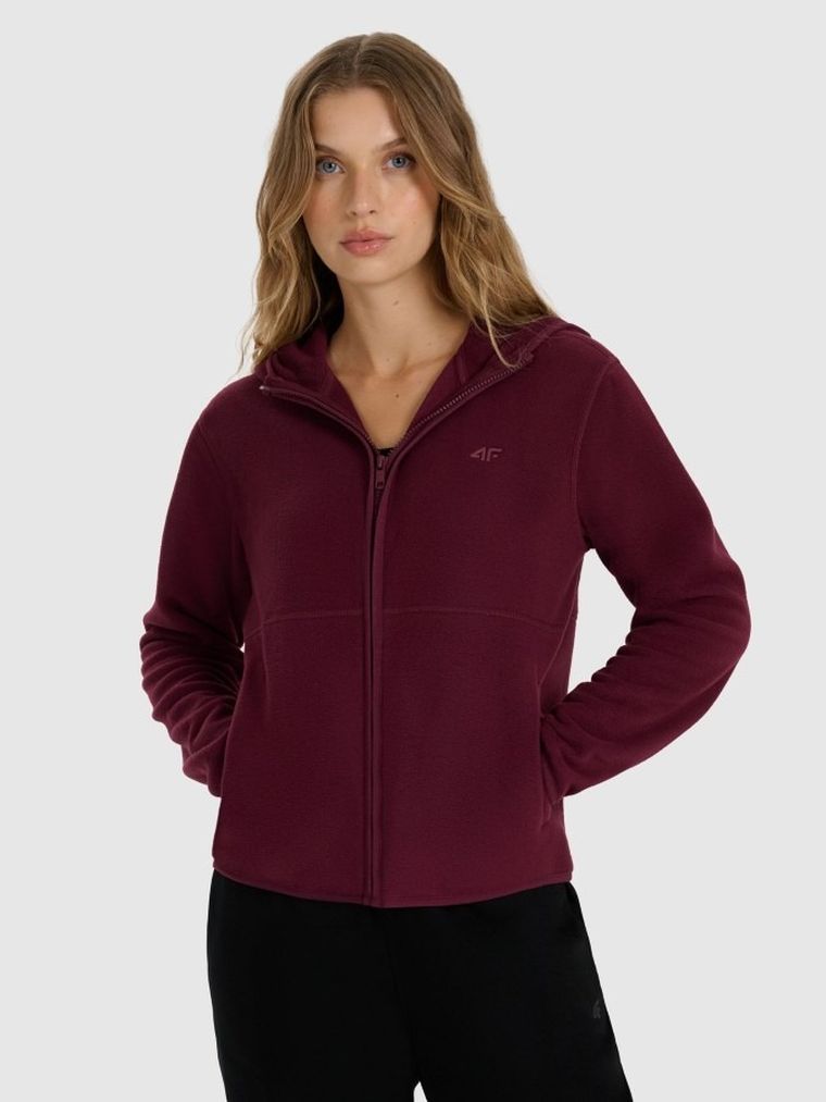 Bluza damska z kapturem, rozpinana, polarowa, bordowa, 4F